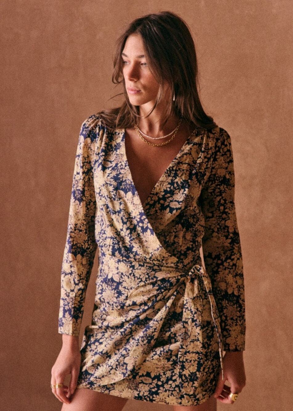 Sezane Noemia Country Flower Navy Floral Print Long Sleeve Wrap Mini Dress Small